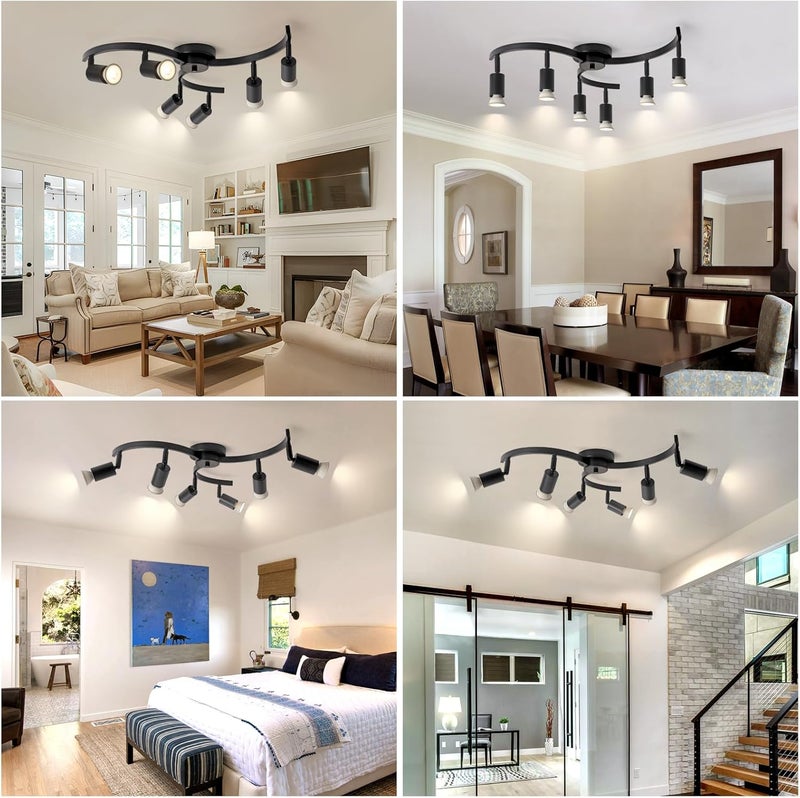 SEEBLEN 6 Light Track Lighting Fixtures Ceiling, Flexibly Rotatable Light Heads, Black Semi Flush Mount Ceiling Light for Kitchen Dining Room Living Room.Gu10 Bulb Base. - Image 4